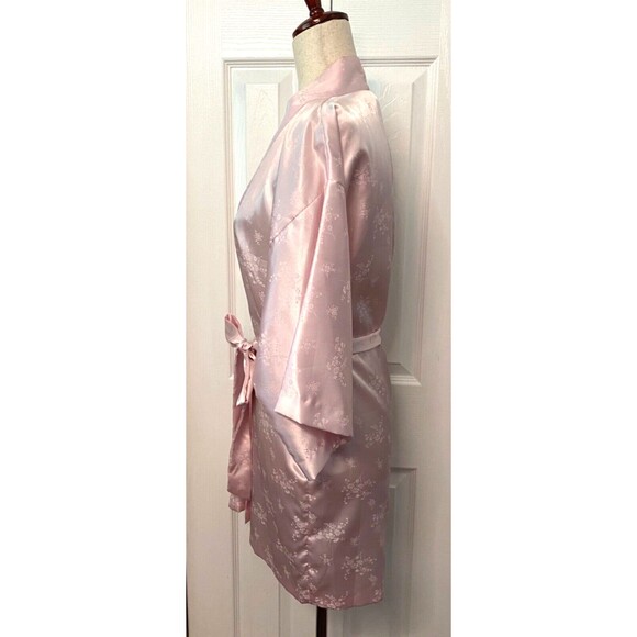 Vtg Frost Bros PINK Floral SATIN House Coat ROBE Short Mini Size Petite Small - Picture 3 of 8